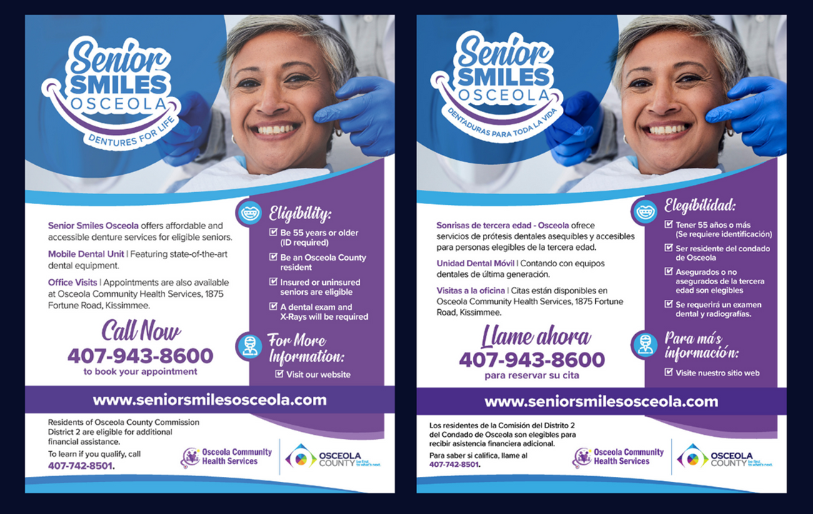 Senior Smiles Osceola offers affordable and accessible denture services for eligible seniors. Mobile Dental Unit features state-of-the-art dental equipment. Appointment are also available at Osceola Community Health Services, 1875 Fortune Road, Kissimmee. Call Now 407-943-8600 to book your appointment. www.seniorsmilesosceola.com
