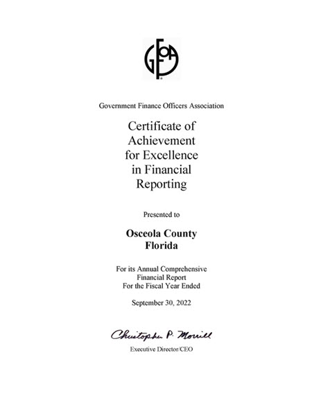 Osceola County has received the highest honor in governmental accounting and financial reporting