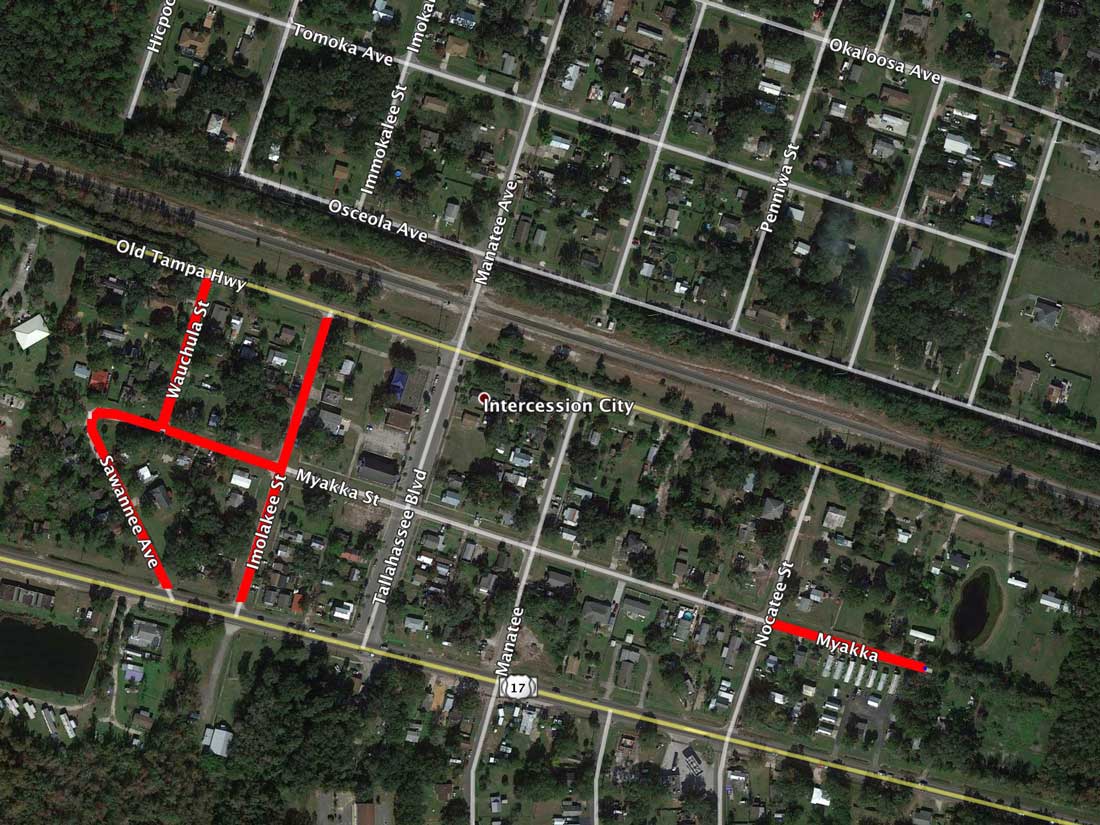 The following Intercession City roadways are tentatively scheduled for resurfacing from Sep 6 through Sep 11: Wauchula Street, Suwannee Avenue, Immokalee Street, Myakka Street. 