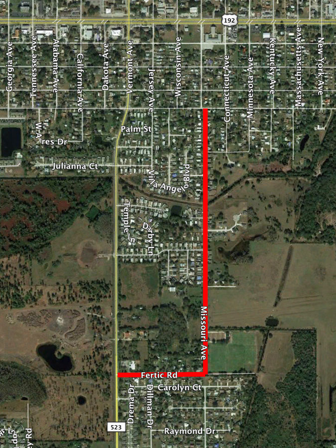 Map showing the two roads that are to be resurfaced November 5 through November 9, 2018. Missouri Avenue, from Fertic Road to 17th Street. Fertic Road, from Missouri Avenue to Canoe Creek Road.