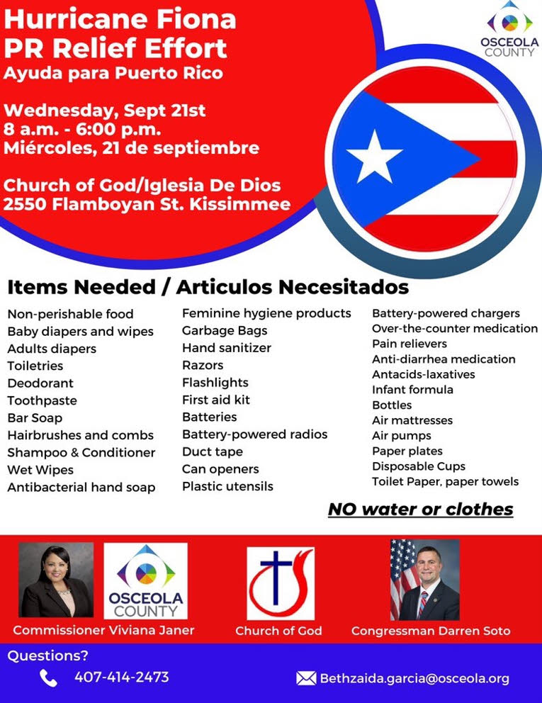 Fiona Relief Effort Focused on Puerto Rico Planned for Wednesday September 21, 2022
