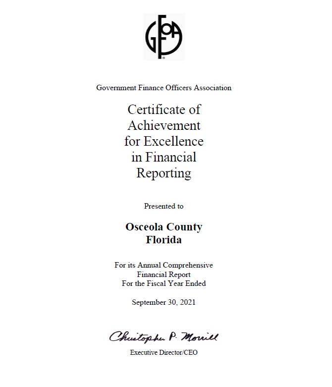 Award Marks Osceola’s 32nd Year of Financial Excellence