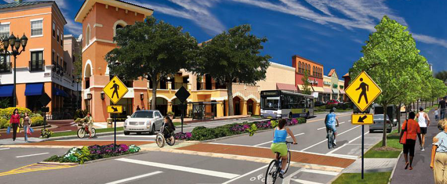 Rendering of a Complete Street. A complete street is designed to enable safe access for pedestrians, bicyclists, motorists and transit riders of all ages and abilities.