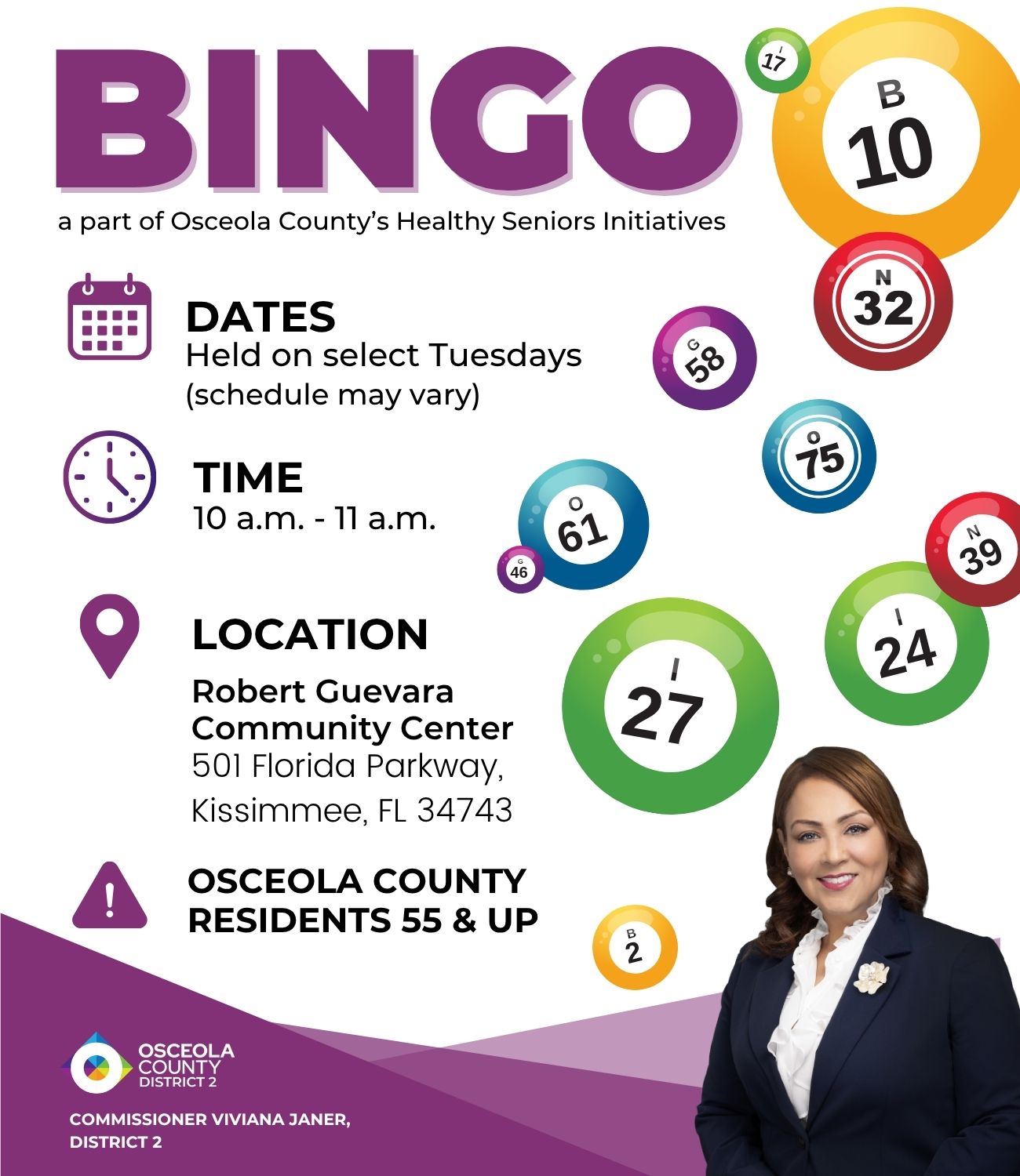 Come join us for a lively morning of bingo, connection, and prizes. This activity is a great way to connect with others and enjoy some classic fun before summer break! This bingo event will be held at the Robert Guevara Community Center in Buenaventura Lakes at 10a.m.–11a.m.