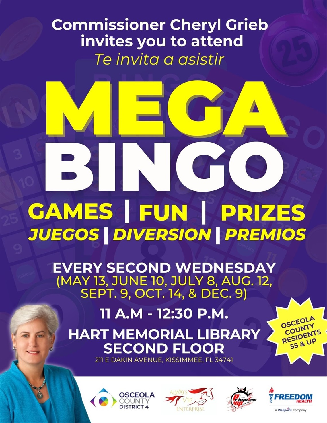 Commissioner Cheryl Grieb invites you a fun and exciting game of MEGA Bingo!