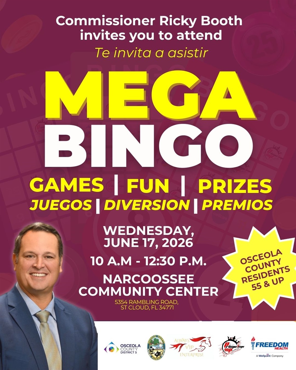 Commissioner Ricky Booth invites you a fun and exciting game of MEGA Bingo!