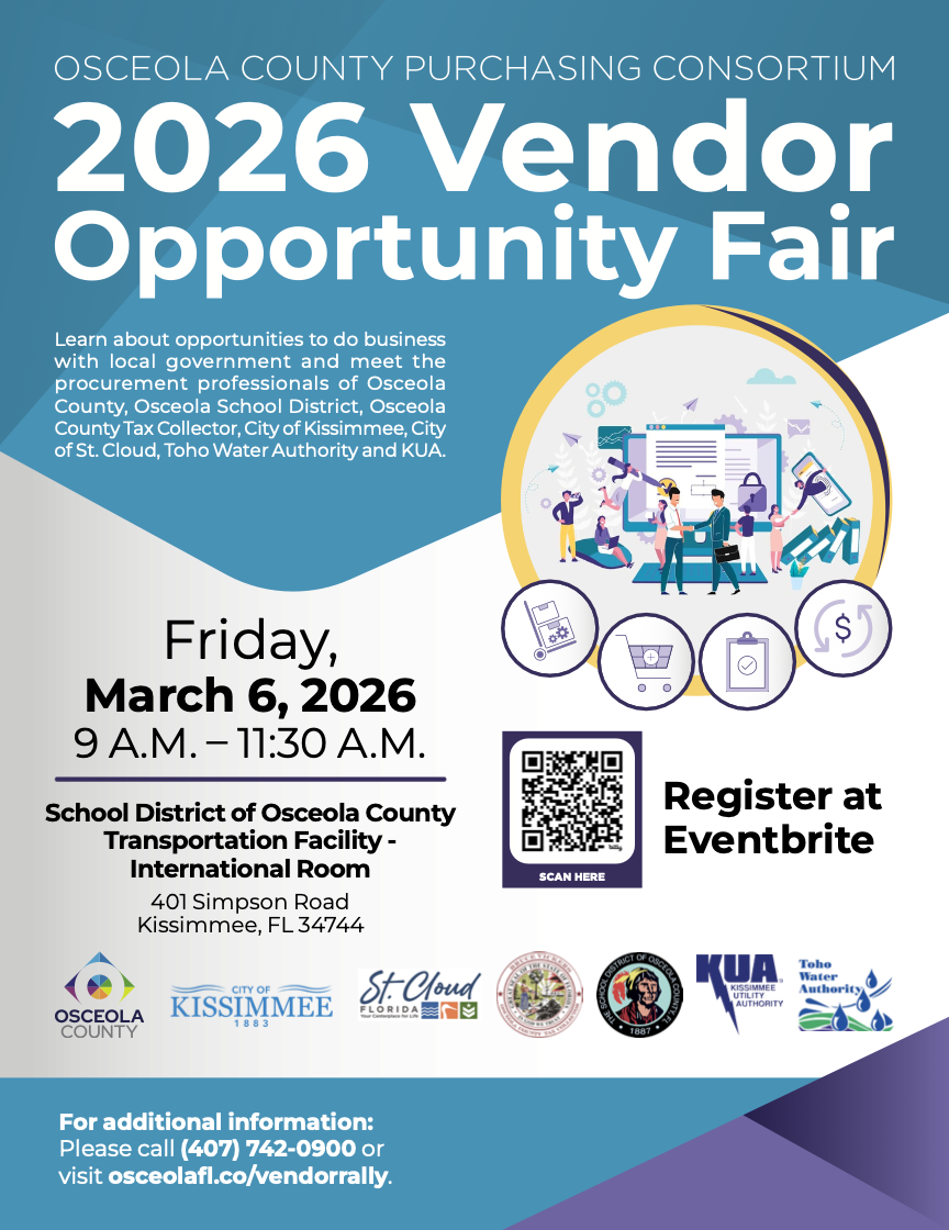 Learn about opportunities to do business with local government and meet the procurement professionals of Osceola County, Osceola School District, Osceola County Tax Collector, City of Kissimmee, City of St. Cloud, Toho Water Authority and KUA.