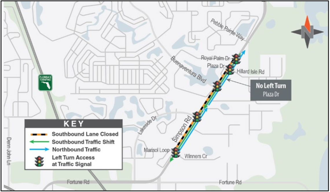 Simpson Road Widening and Improvement Projects North and South map displaying the new shift in traffic patterns from Myers Rd to U.s. 192 starting Monday, April 14, 2025.