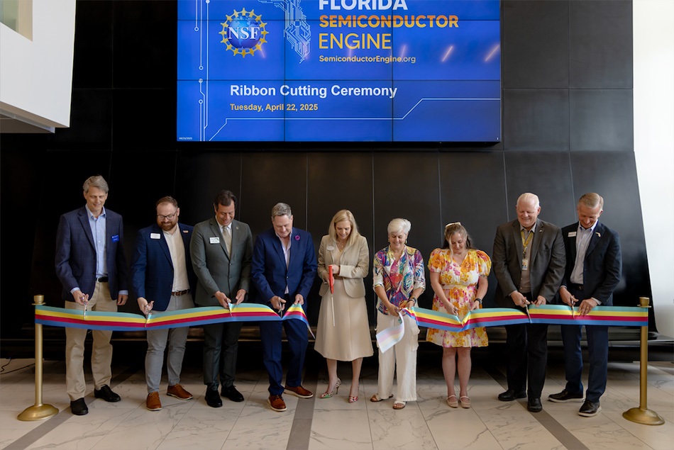 (L-R) Dr. Jack Judy, Deputy Director of Workforce, UF Florida Semiconductor Institute; Trent Goodin, Creative Director, Orlando Economic Partnership; Juan Lopez, Osceola Outreach Representative, Office of Congressman Darren Soto (FL-09); The Honorable Brandon Arrington, Vice Chairman & Osceola County Commissioner (D3); Tawny Olore, PE, CEO, Florida Semiconductor Engine; The Honorable Cheryl Grieb, Osceola County Commissioner (D4); Ryan Honeycutt, Director of Operations & Corporate Relations, imec; Dr. John Allgair, CTO, BRIDG; and Paul Sohl, Rear Admiral, USN (Ret.), CEO, Florida High Tech Corridor prepare to cut the ribbon for the NSF Florida Semiconductor Engine offices at NeoCity.