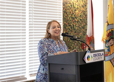 Chairwoman Viviana Janer provides remarks on the opening of the Pinnacle at the Wesleyan apartment complex.