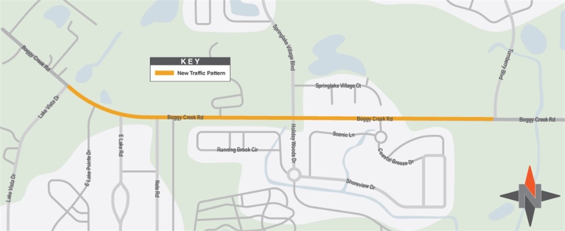 New traffic pattern on Boggy Creek Road between Lake Vista Drive and Turnberry Boulevard starting November 11, 2025 through July 24, 2026.