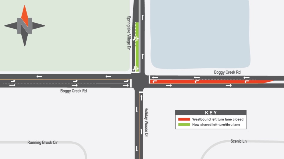 The designated left turn lane onto Holiday Woods Drive will remain closed during November 19, 2025 through July 24, 2026; motorists will still be able to make left and right turns at the intersection, utilizing the through lane