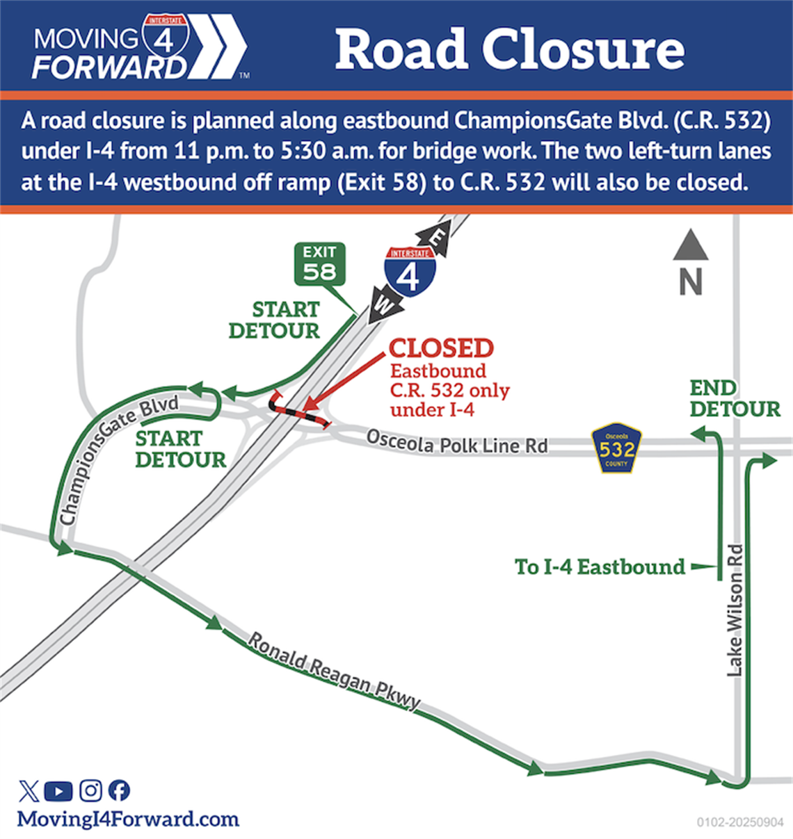 Overnight Closures of Eastbound ChampionsGate Blvd. (C.R. 532) for Bridge Work
