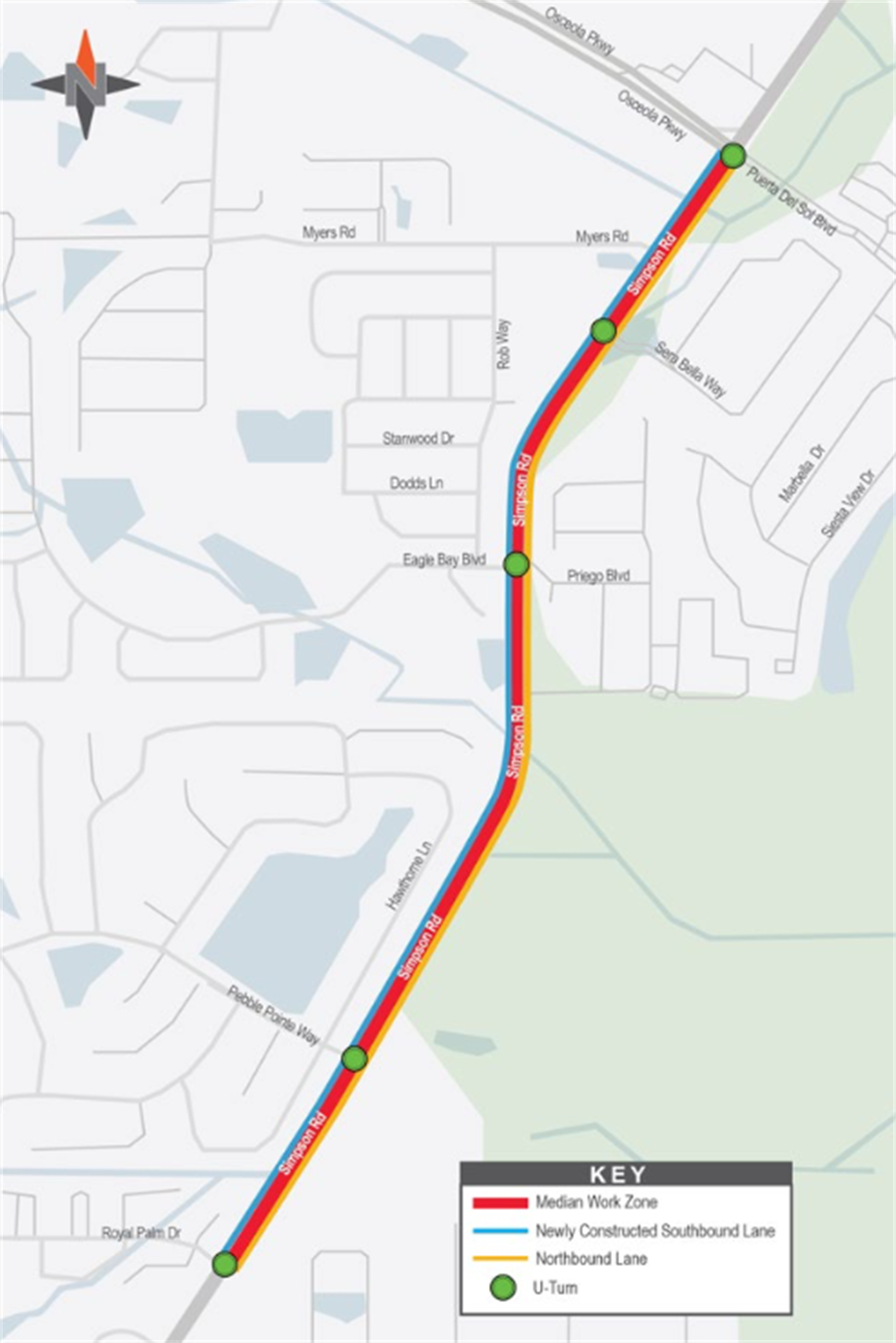 As part of ongoing construction to widen Simpson Road, southbound traffic will shift to the newly constructed outside lane to allow crews to work in the median area. This new traffic pattern will be in place between Royal Palm Drive and Osceola Parkway, beginning at approximately 5 a.m. on Monday, November 3. As part of ongoing construction to widen Simpson Road, southbound traffic will shift to the newly constructed outside lane to allow crews to work in the median area. This new traffic pattern will be in place between Royal Palm Drive and Osceola Parkway, beginning at approximately 5 a.m. on Monday, November 3.