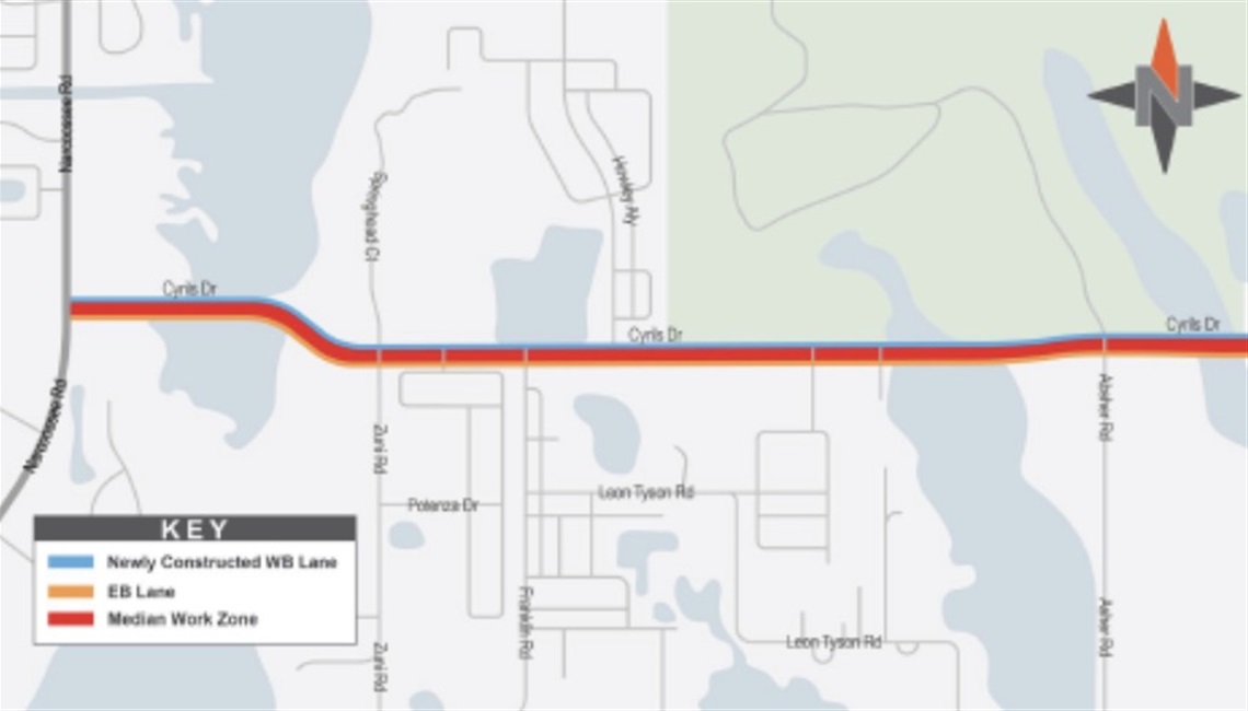 Starting Tuesday night, November 11, crew will begin preparing to move Cyrils Drive traffic to the outside lanes. The shift is expected to take effect by 6 a.m. on Wednesday, November 12.