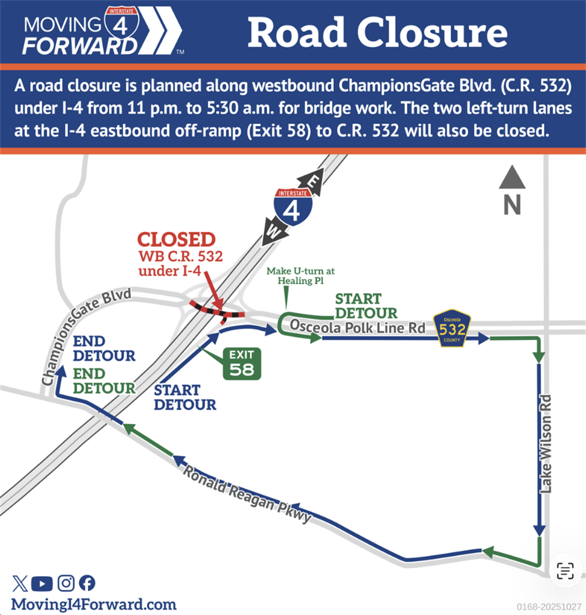 Motorists are advised that the Florida Department of Transportation (FDOT) will close westbound ChampionsGate Boulevard (County Road (C.R.) 532) under Interstate 4 (I-4) from 11:00 p.m. on Thursday, October 30, to 5:30 a.m. on Friday, October 31, 2025, for bridge work. Motorists are advised that the Florida Department of Transportation (FDOT) will close westbound ChampionsGate Boulevard (County Road (C.R.) 532) under Interstate 4 (I-4) from 11:00 p.m. on Thursday, October 30, to 5:30 a.m. on Friday, October 31, 2025, for bridge work.