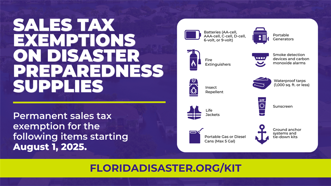 Sales Tax Exemptions on Disaster Preparedness Supplies: Permanent sales tax exemptions on the following items starting August 1. 2025.