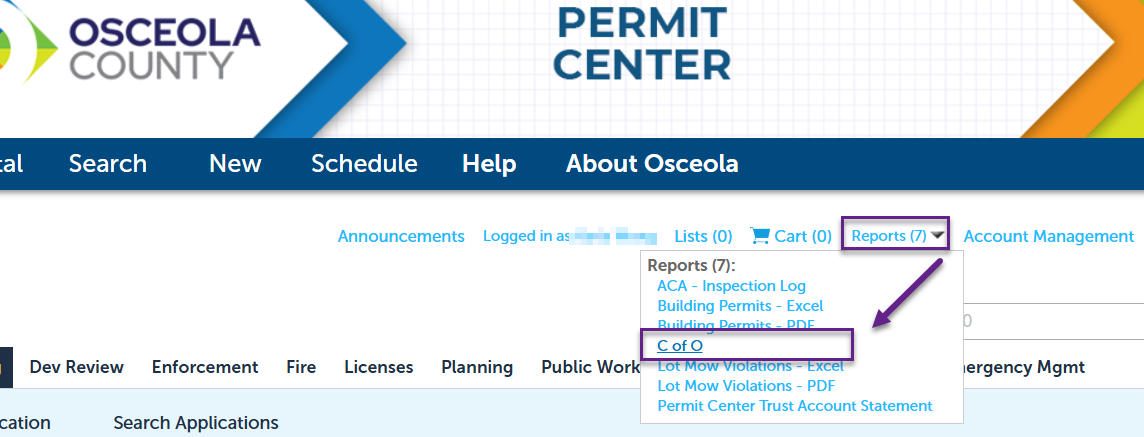 Download Certificate of Occupancy - step 2. Click Reports > C of O.