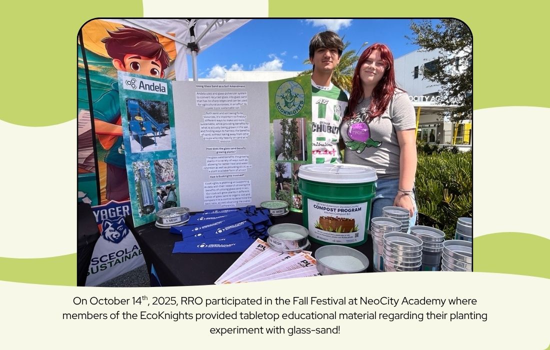 On October 14th, 2025, RRO participated in the Fall Festival at NeoCity Academy where members of the EcoKnights provided tabletop educational material regarding their planting experiment with glass-sand!