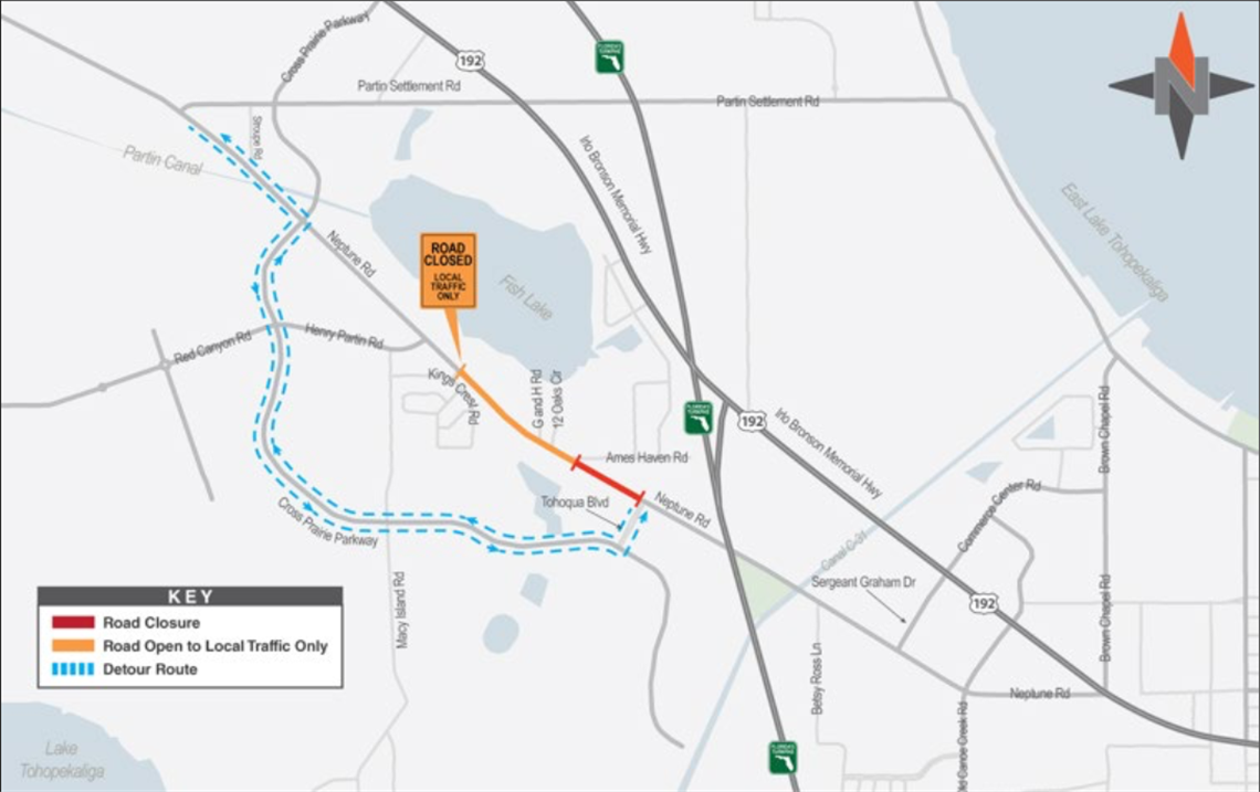 Neptune Road will be closed between Ames Haven Road and Tohoqua Boulevard from 9 a.m. to 2 p.m. on Friday, August 8. The closure will allow for road repairs.