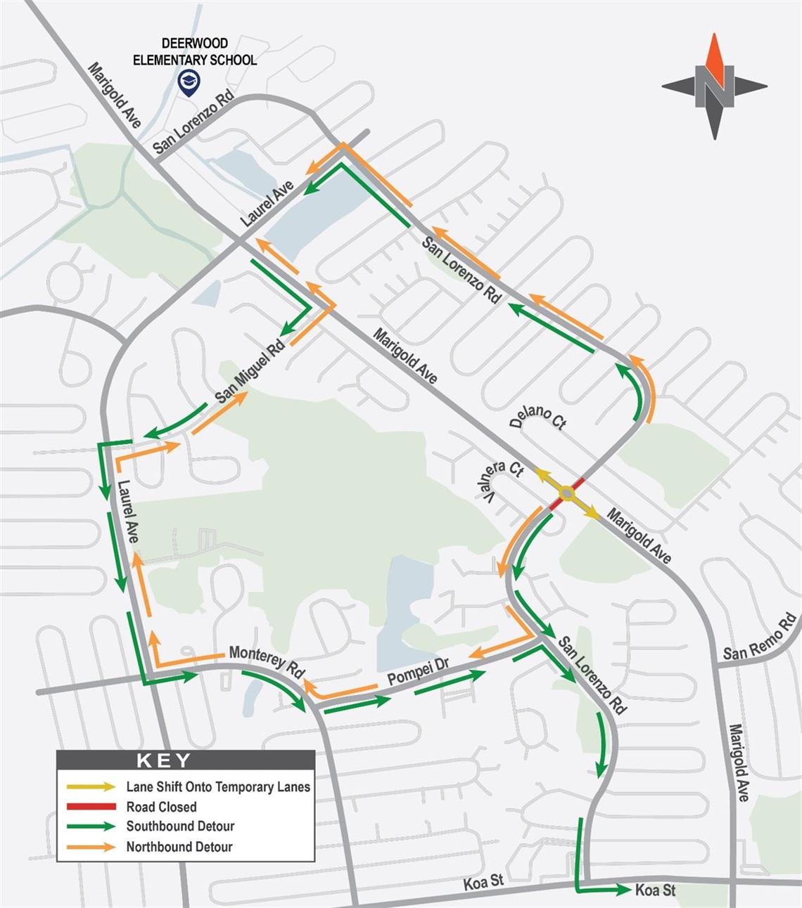 Llane shift on Marigold Avenue at the San Lorenzo Road intersection for roundabout construction. The shift will begin on Friday, April 10 between 3 and 4 a.m. and remain in place through Tuesday, May 26.
