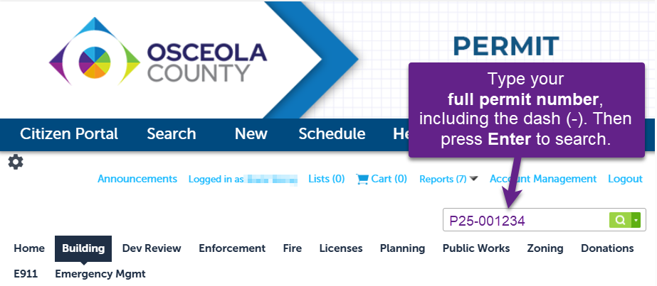 Download Certificate of Occupancy - step 1. Search full permit number.